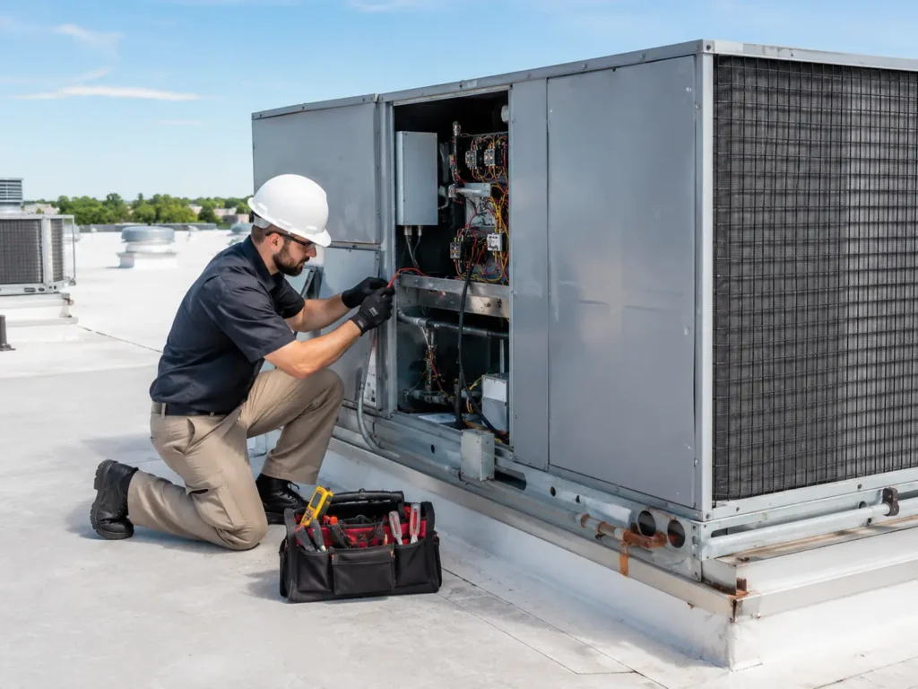 Technician servicing commercial HVAC system
