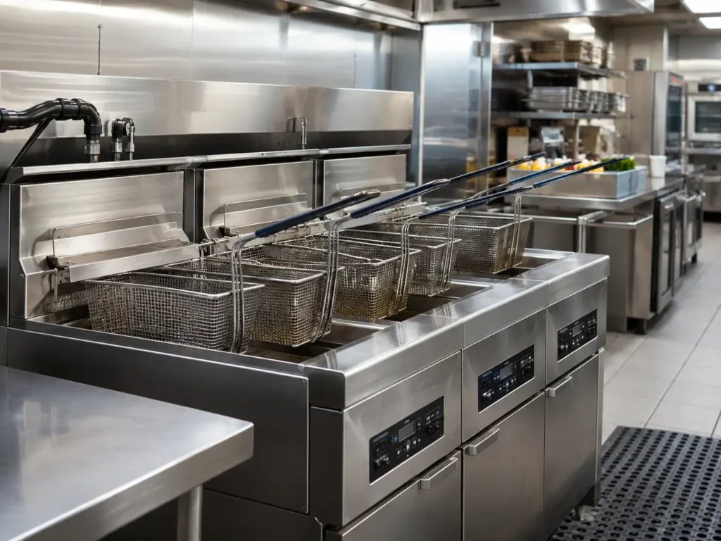 Commercial cooking equipment repair technician servicing a restaurant range