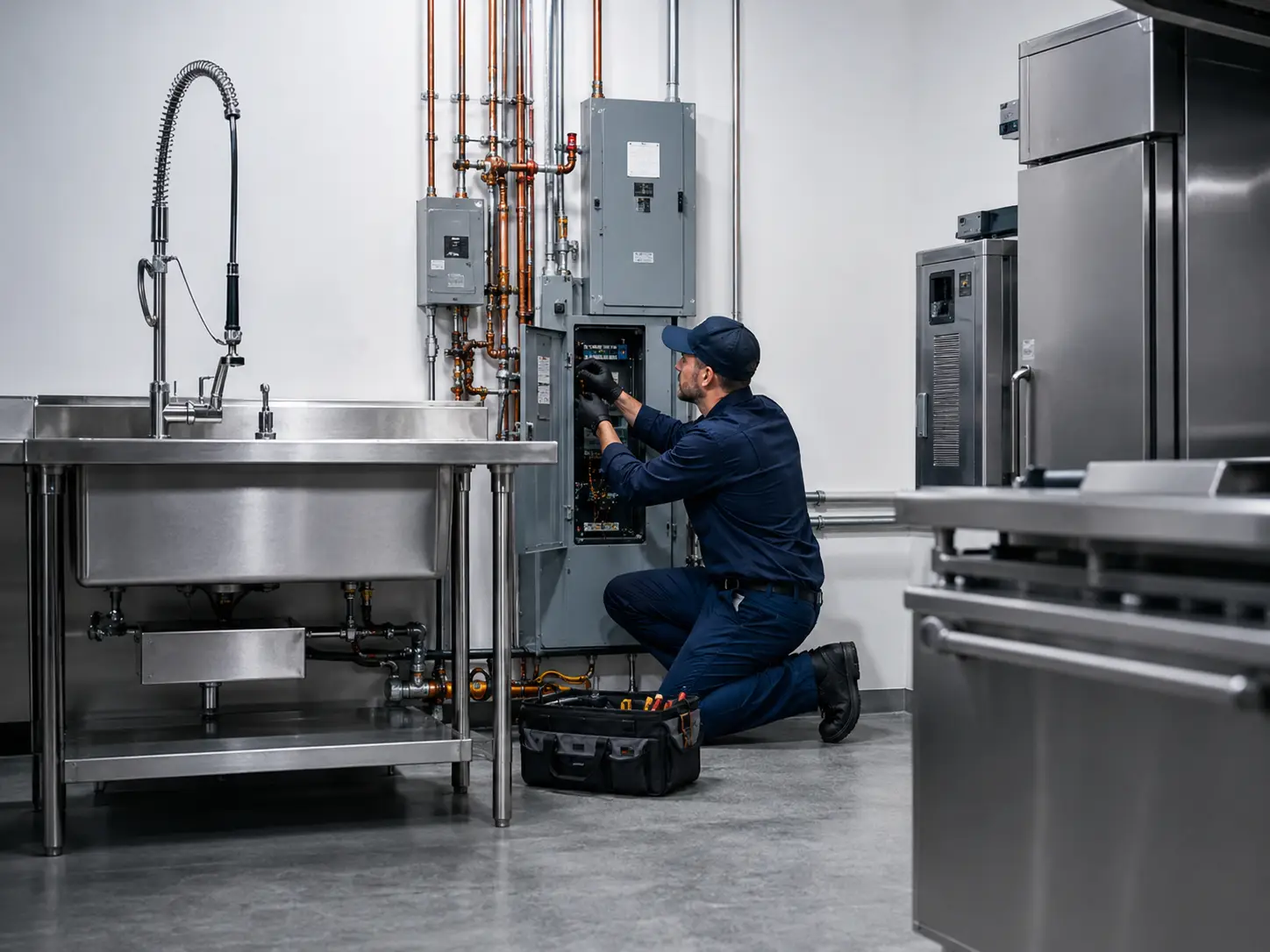 Technician servicing restaurant equipment in commercial kitchen